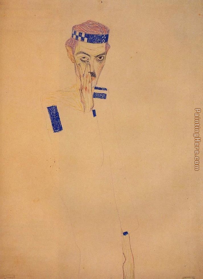 Man with Blue Headband and Hand on Cheek
